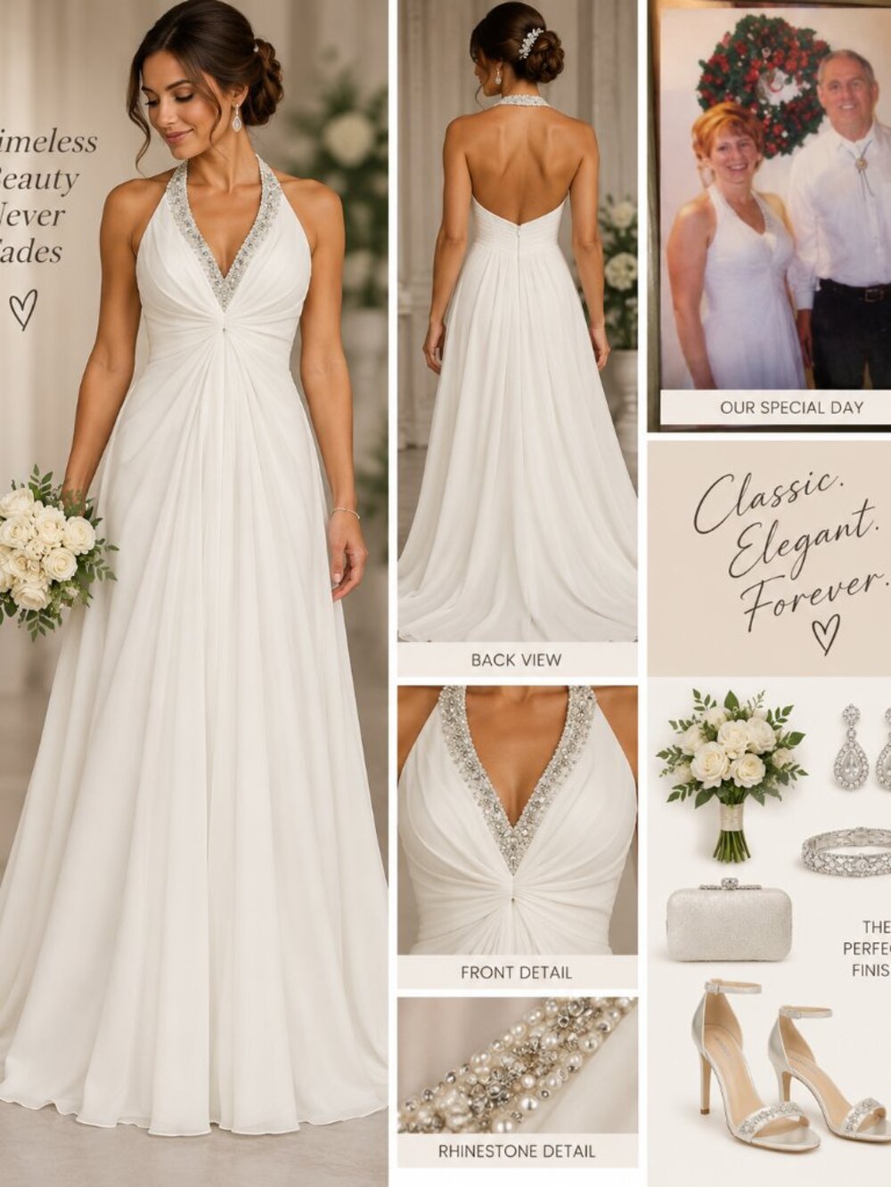 Elegant White Halter Wedding Dress – David’s Bridal – Size 16
